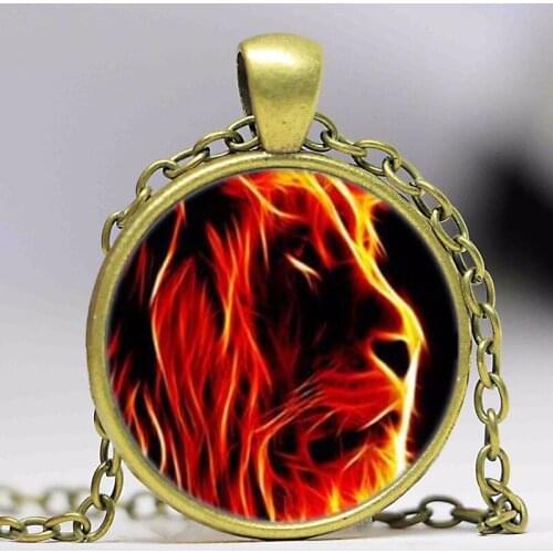 New Fire Lion Cabochon Classic Fashion Lady Men Glass Pendant Necklace Jewelry