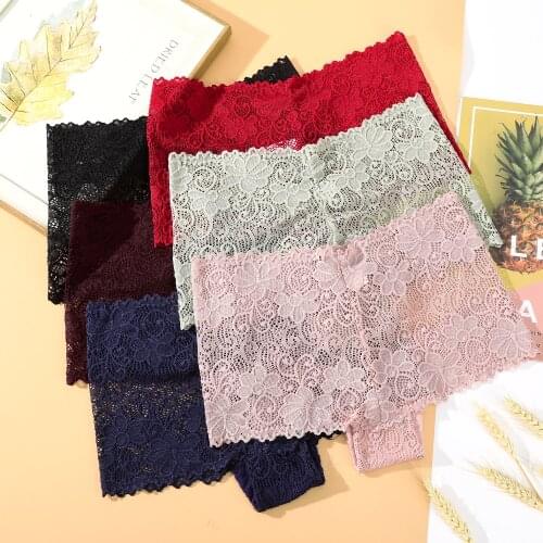 Solid Color Flower Lace Boxer Briefs Hollow Breathable Womens Panties Thin Sexy Cute Underwear