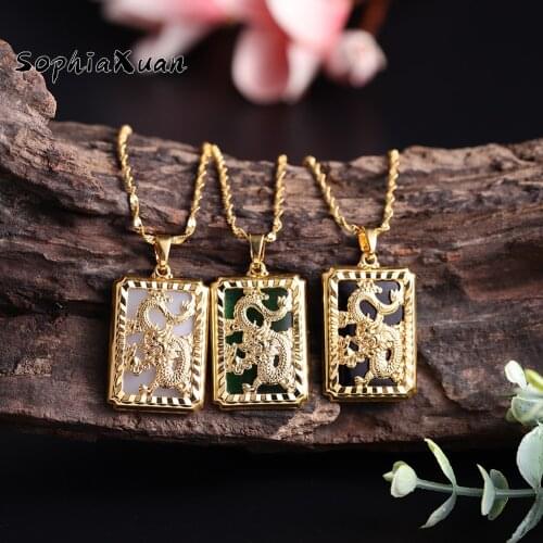 SophiaXuan Auspicious Dragon Pendants Neckalces Women Men Jewelry Chinese Style Artificial Green Stone Good Luck Happiness Gifts