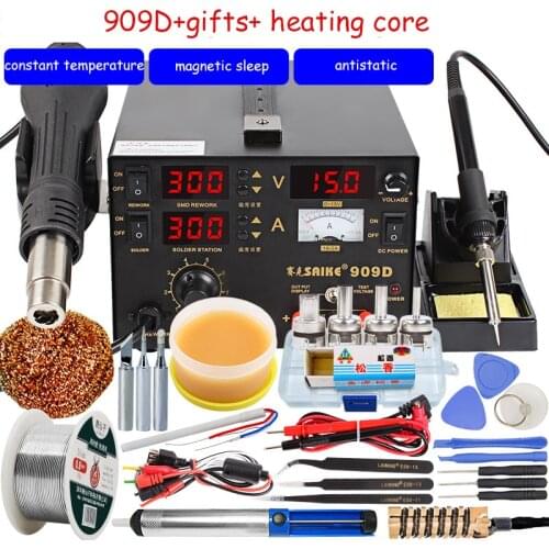 Saike 909D Soldering Iron 220V 110V Hot Air Gun Station+Soldering iron+DC Power supply 3in1 electric rework station Adjustable