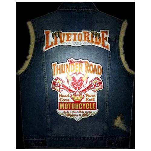 Piston Devil Patches Noctilucent Motorcycle Denim Vest Rock Punk Embroidery Waistcaot Mens Motor Biker Rider Jeans Vests S-6XL