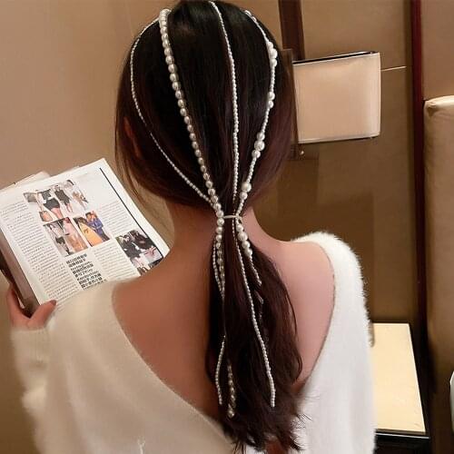 Long Paragraph Tassel Pearl Beaded Head Wear Headband for Women Rhinestone Non-slip Border Girl Hairpin Fancy Hair Accessories