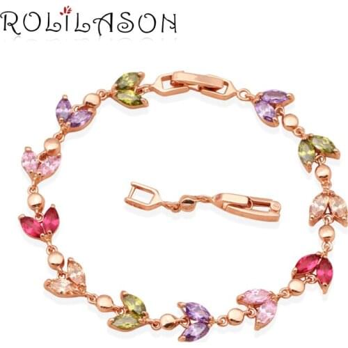 ROLILASON chic Flower design Color Crystal Golden Bracelets for women Health Zircon Fashion Jewelry TB512