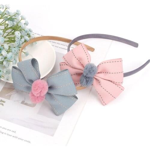 Cute Baby Girl Pom Double Bowknot Plaid Headband for Girls Korea Blue Tie Winding Cloth Hair Hoop Kids Gift Headwear Accessories