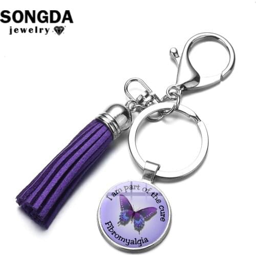SONGDA Fibromyalgia Awareness Keyhain Cancer Awareness Key Chain Purple Butterfly Hope Ribbon Printed Glass Dome Key Ring Holder