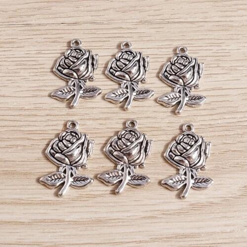 20pcs 16*24mm Vintage Silver Color Rose Flower Charms for Jewelry Making DIY Cute Drop Earrings Pendants Necklaces Crafts Supply
