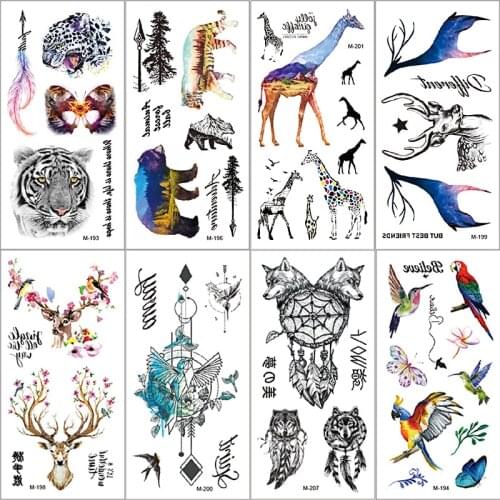 Temporary Colorful Watercolor Animal Print Fake Tatoo For Women Men Waterproof Deer Bird Panda Body Art Girls Black Arm Tattoo