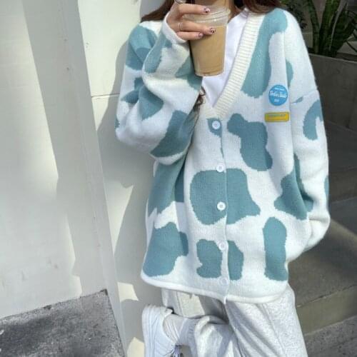 Tie Dye Print Knitted Long Sleeve Womens Sweaters Autumn Winter 2021 Japanese Style Loose Sweaters Ladies Y2k Casual Cardigan