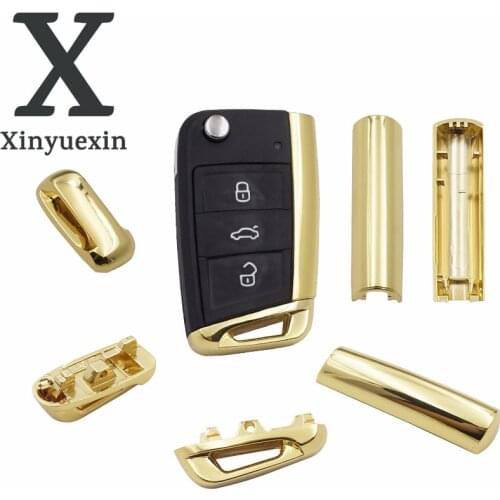 Xinyuexin 3 Buttons Remote Car Key Shell Cover Folding Metal Part for VW Gollf 7 MK7 for Skoda Octavia A7 for Seat Gold Color