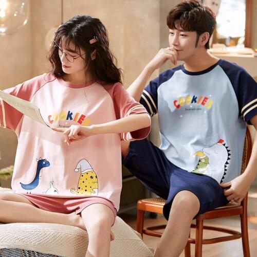 Funny Cartoon Nightwear Summer Cotton Pajamas Set Loose Plus Size Couple Homewear Cute Green Ruffle Short Sleeve Women Sleepwear