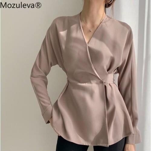 Mozuleva V-neck Lace-up Slim Waist Women Blouse Shirts Casual Chic Full Sleeve Female Solid Shirts 2020 Spring New Blusas