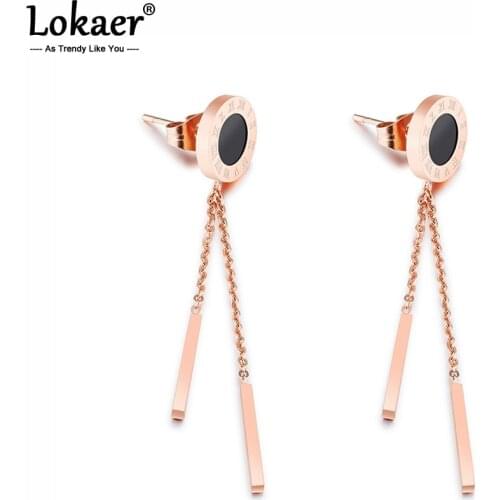 Lokaer Simple Temperament Rose Gold Color Titanium Steel Dangle Earrings Roman Numerals Black Disc Drop Earrings Female E17079