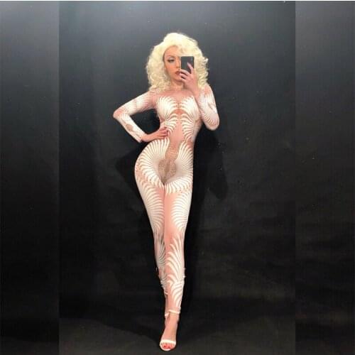 Women Sexy White Flower Jumpsuit Color Sparkling Crystals Nightclub Party Bodysuit Stage Wear Dancer Singer Clothes