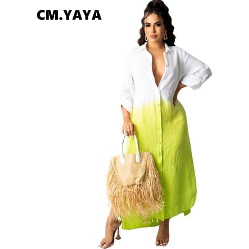 CM.YAYA Women Long Dress Gradient Color Full Sleeve Turn-down Collar Single Breasted Straight Maxi Dresses Fashion Outfit Fall