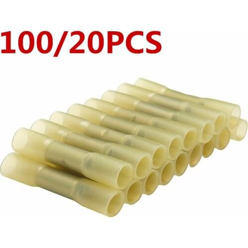 100/20Pcs Yellow Heat Shrink Insulated Electrical Wire Crimp Terminals Cable Wire Splice Waterproof Butt Connectors Kit AWG12-10
