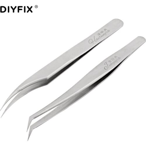 DIYFIX 2Pcs Anti-Static Tweezers Precision Curved Stainless Steel Forceps Fine Point Clips for Eyelash Extension Hand Tools Set