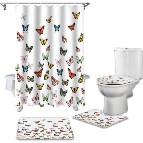 4PCS/Set Butterfly Repeat Print Shower Curtain Waterproof Bathroom Curtain Toilet Cover Mat Non-Slip Rug Set Bathtub Decor