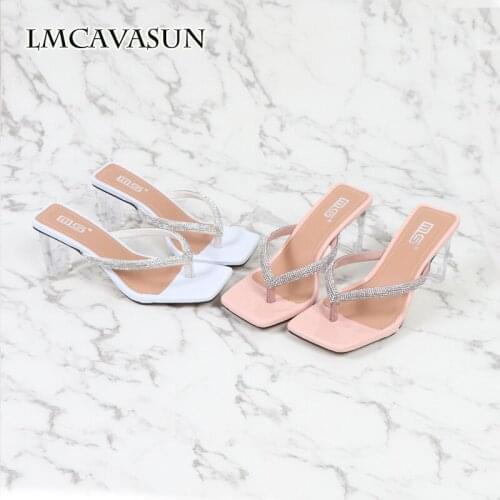 LMCAVASUN 2021 summer net celebrity fashion square toe rhinestone high-heeled sandals feminine transparent with thick heel sanda