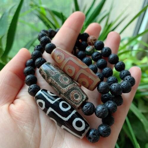 Retro Healing Black Lava Natural Tibetan Dzi Agates Bracelet 40mm Buddha Nine-eyed Agat Three Eyed Round Ball Strand Bracelets