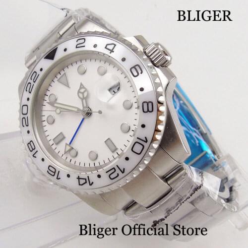 BLIGER 40MM White Sterile Dial GMT Mechanical Watch Automatic Movement Mens Watch B184