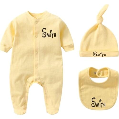 Custom Name Newborn Baby Boy Girl Clothes Romper+Hat+Bibs Set Cotton Newborn Outfits Set Baby Shower Party Customized Bodysuit