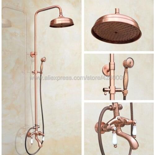 Antique Red Copper Bathroom 8" Rainfall Shower Faucet Set Dual Handle Bath Shower Mixer Taps Wall Mounted Krg561