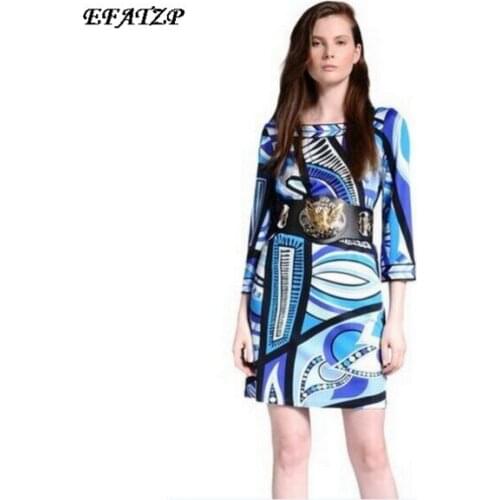 [EFATZP] New Luxury Brands Womens Digital Geometry Printing Square Collar Print Plus Size XXL Stretch Jersey Silk Dress