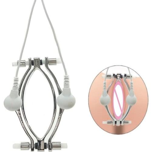 Electric Pulse Stainless Steel Labia Clamp Vaginal Speculum Electric Shock Host Cable Female Masturbator Flirt SM Toy