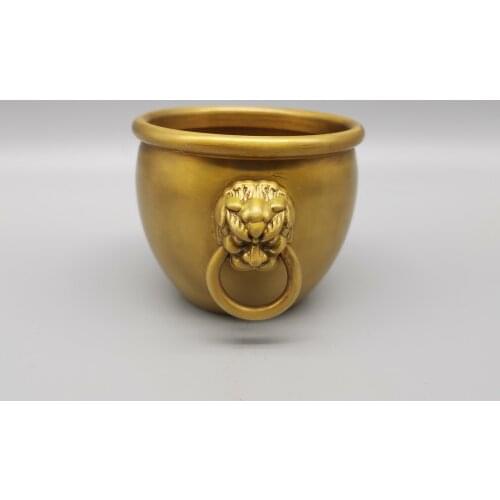 Chinese Folk Fengshui Bronze Brass Lion Head Wealth Pot Jar Crock Statue Sculpture