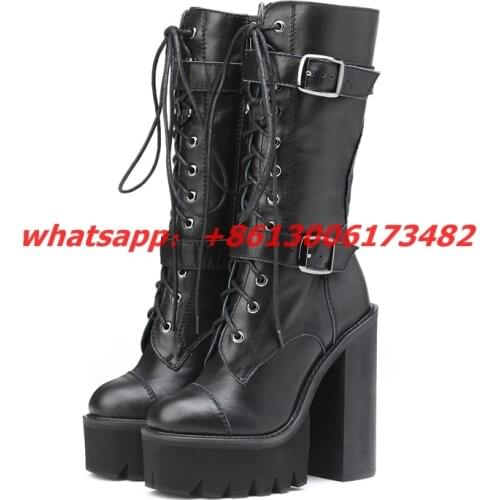 Cool woman punk style knee high platform belts boot round-toe double-buckle lace-up 16CM chunky high heel platform knee boots