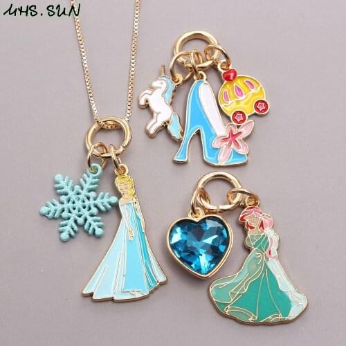 MHS.SUN Fashion Charm Chain Necklace With Pincess/Heart/High Heels Pendants Necklace Cute Design Girls Kids Baby Chain Jewelry