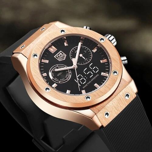 Man Watch 2020 TVG Top Brand Luxury Men Watches Waterproof Dual Time Analog Digital Quartz Watch Rose Gold Mens Watch Silicone