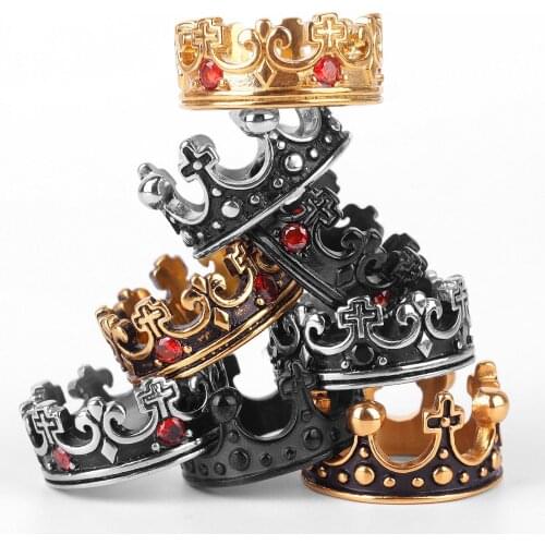 Royal Crown Stainless Steel Retro Black Gold Rhinestone Man Woman Rings Simple for Male Girl Boyfriend Jewelry Gift Wholesale