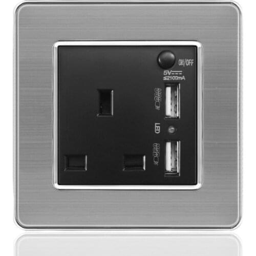 13A UK Wall Socket Outlet 2.1A 2 USB UK Standard Wall Charger Adapter Stainless Steel Panel Kitchen Bedroom Plug Sockets
