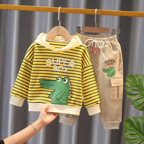 New Spring Autumn Toddler Boys Cute Cartoon Dinosaur Clothing Sets Kids Striped Hooded+ Pants Baby Girls Fashion Outfits