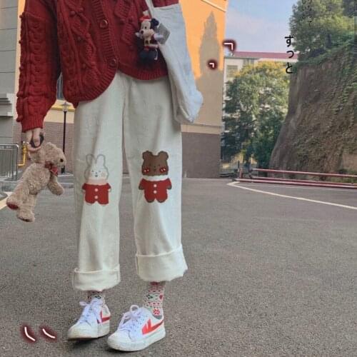 Autumn Womens Pants Japanese Soft Girl Cute Rabbit and Bear Wide-leg Pants Student Loose Wild Casual Straight Cropped Trousers