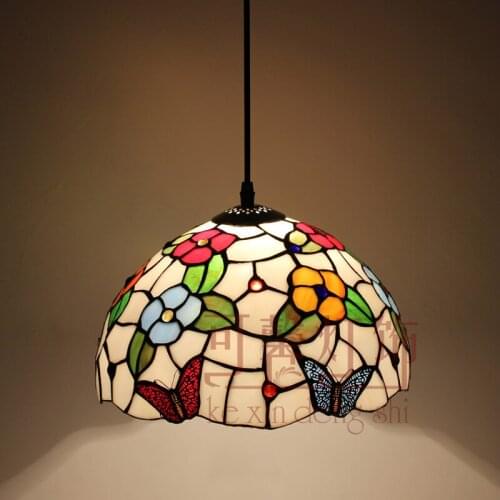 12 Inch Flesh Country Flowers Butterfly Tiffany Pendant Light Stained Glass Lamp For Bedroom E27 110-240v Kitchen Dining Bar