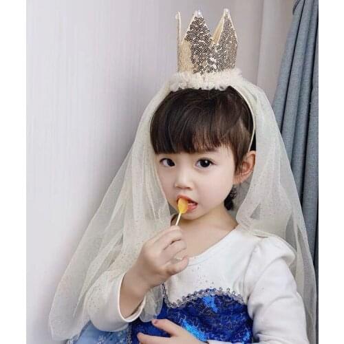 Childrens sequined big crown flower girl veil baby headdress birthday net yarn headband girls headband hair accessories