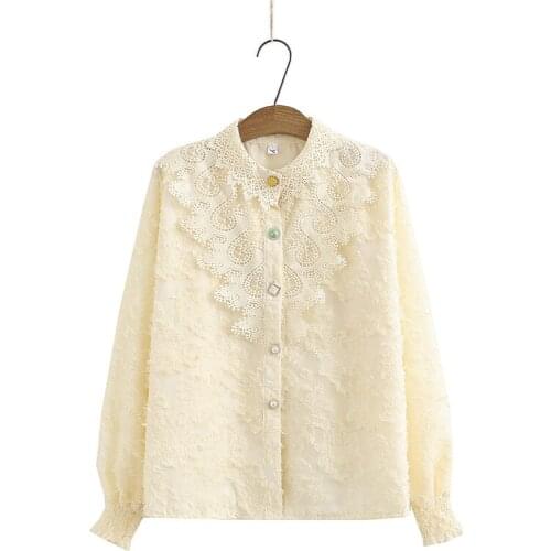 Plus Size Womens Long Sleeved Lace Blouse Vintage Cute Button Tops Oversized Elegant Workwear Blusas
