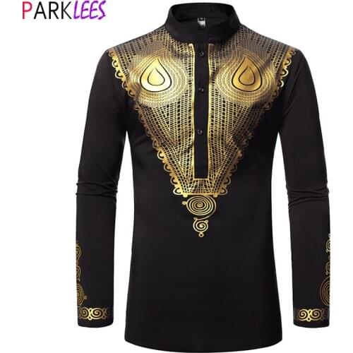 Luxury African Gold Printed Clothes for Men Dashiki National Bazin Rich Wedding Dress Shirts Men Mandarin Collar Africa Clothing
