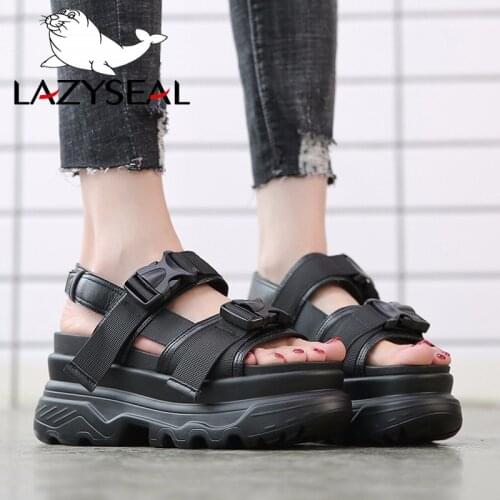 LazySeal Platform Women Sandals 2020 Fashion Summer Leather Buckle Women Wedge Heels Thick Soled Beach Sandal Chunky Woman Shoes