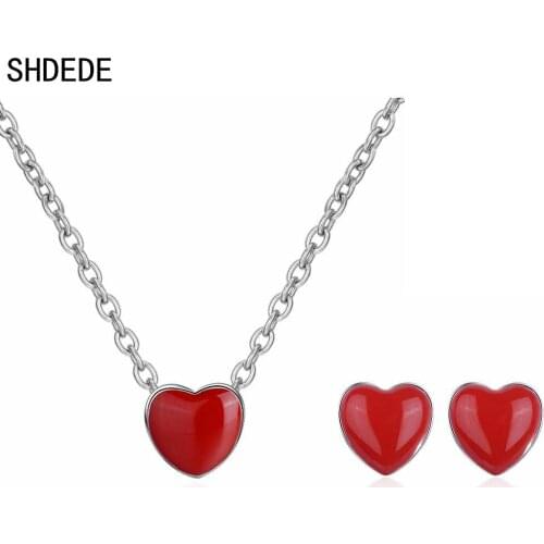 SHDEDE Red Heart Necklace Earrings For Women Female Ladies Korean Party Gift Wedding Fashion Jewelry Gift -X251