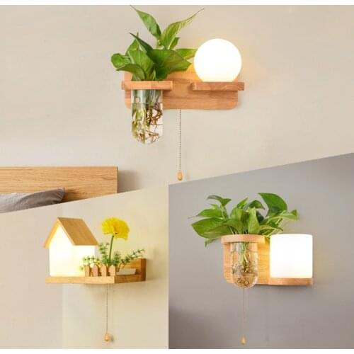 Modern Wall Light Creative 220V 110V Green Plant Pot Home Decor LED Wall Lamp Wooden E27 Socket