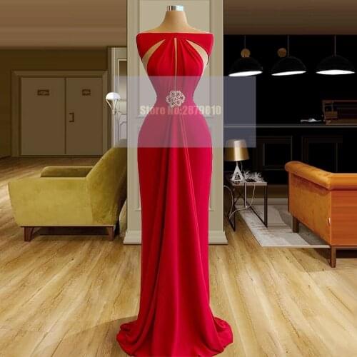 Bright Red Boat Neck Mermaid Evening Dress Floor-Length Beaded Robe De Soiree Aibye Vestido de festa Prom Dress 2020 Dubai