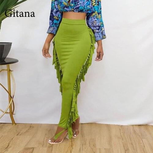 Gitana Sexy Fairy Grunge Solid Side Tassel High Waist Bodycon Maxi Skirt Women Elegant Skinny Y2K Skirt Fashion Streetwear 2021