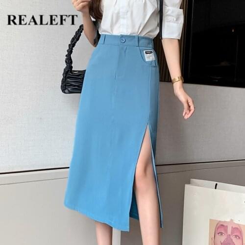 REALEFT 2021 New Spring Summer Elegant Sheath Womens Midi Skirts Female High Waist Korean Office Wrap Side Split Sexy Skirts