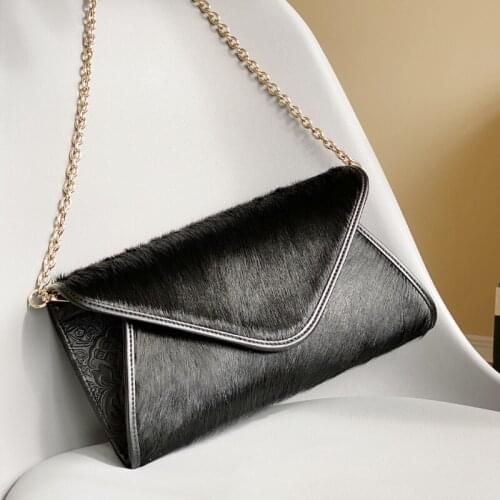 Womens Fashion Horse Hair Leather Clutches Chain Envelope Bag Cowhide Shoulder Bag