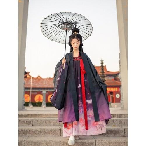 Womens Hanfu Fashion Embroidered Big Sleeve Shirt Full Chest Skirt Bian Flower Embroidery Classic Black and Red Hanfu