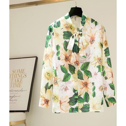 Spring Womens elegant Botie floral print Chiffon Shirts Hot Fashion high quality long sleeves Blouses Top C126