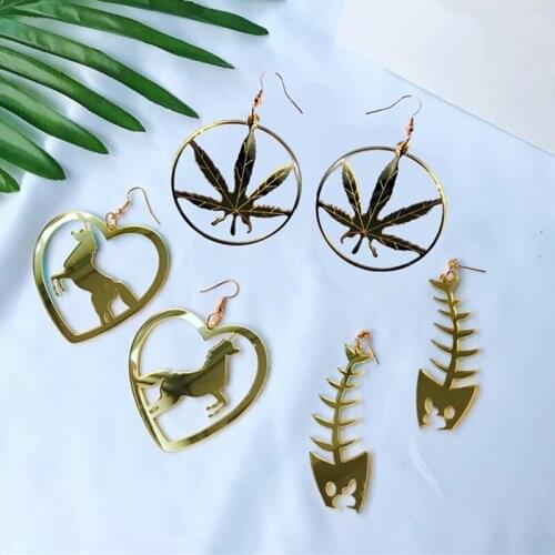 Punk Gold Color Fish Bone Acrylic Long Earrings For Women Fishbone Horse Animal Leaf Flower Drop Earrings Brinco Fashion Jewelry